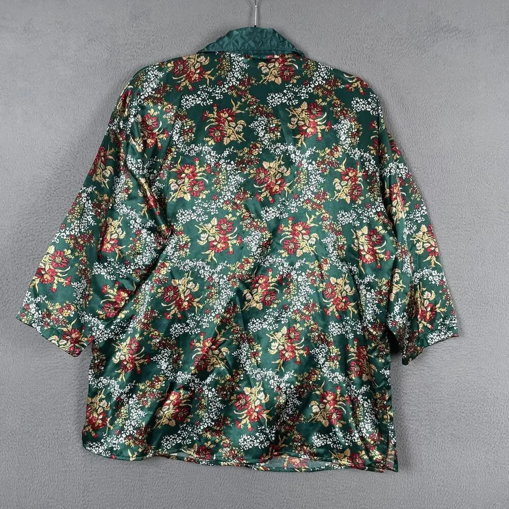 Victorias Secret Pajama Top Womens S Green Floral Satin Kimono Quilted Button - Picture 2 of 8